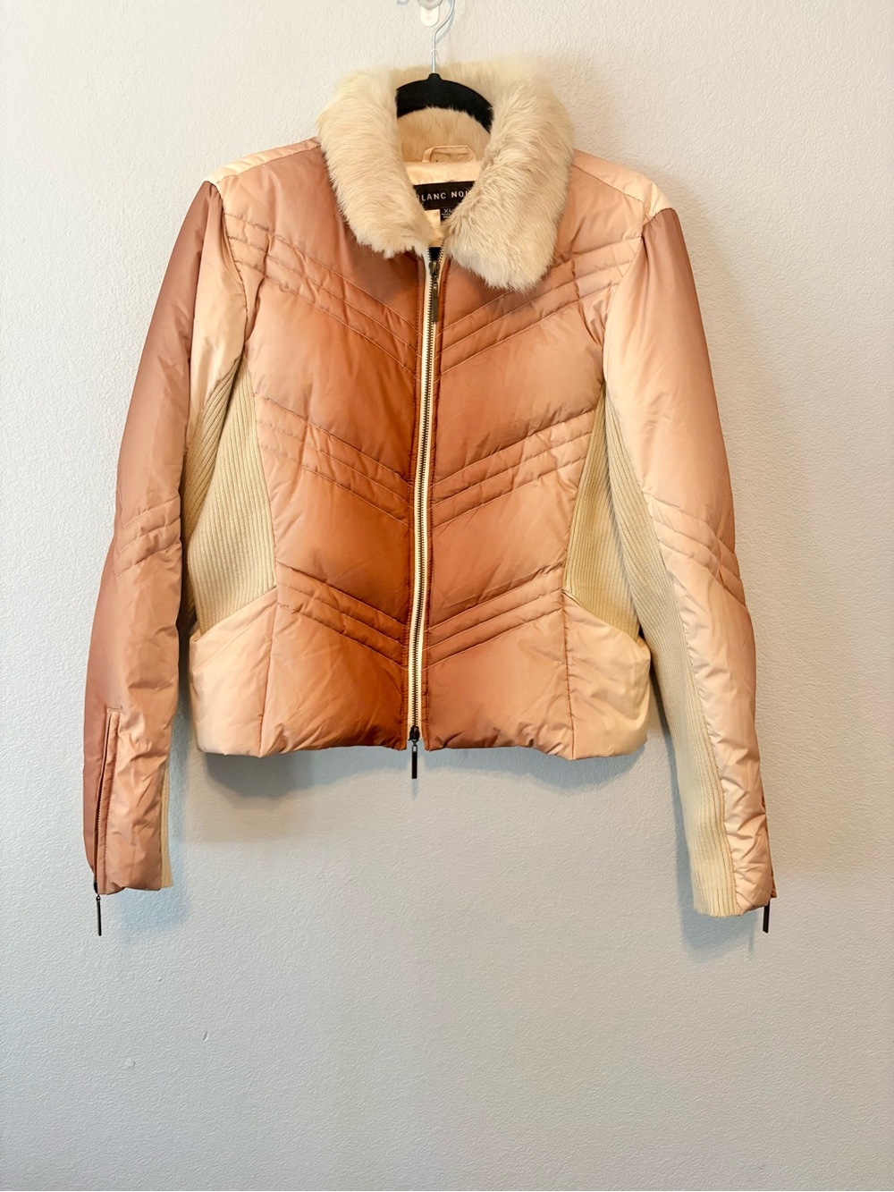 Blanc Noir Women's Blush Brown Ombré Puffer Jacket with Rabbit Fur Collar